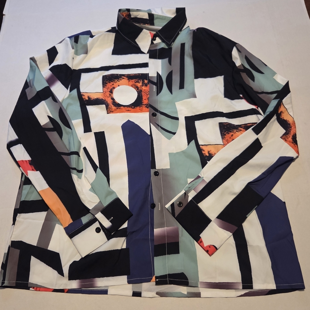Geometric Print Men's Casual Button Down Shirt EUC Size L